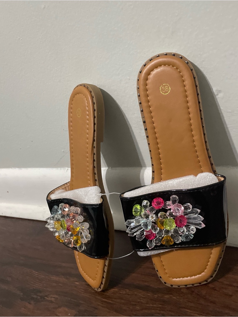 a new day Black Patent Jeweled Slide Sandals with Tan Footbed